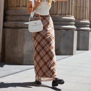 12th tribe Julia Brown Plaid Mesh Maxi Skirt size small - NWT